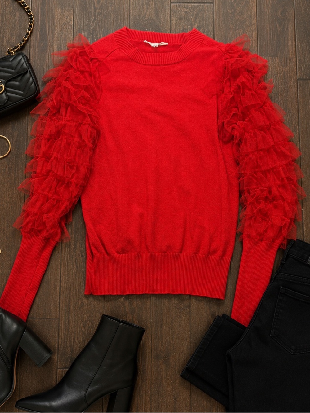 Vine & Love Red Tulle Ruffle Sleeve Sweater Women’s Statement Crewneck Knit